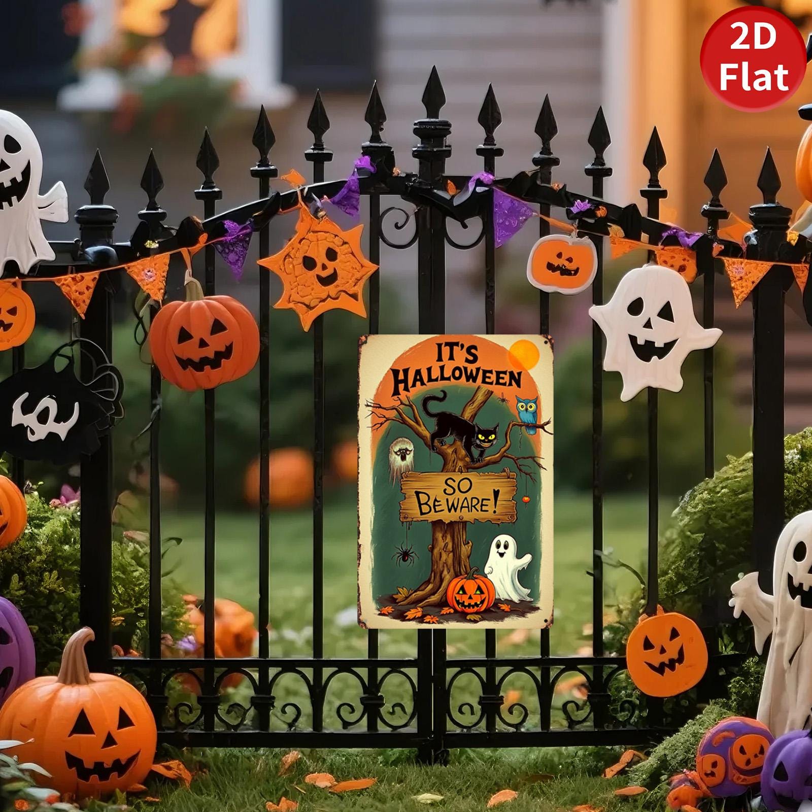 Rustic Halloween Metal Sign: Cat, Ghost, Owl, Pumpkin Decor