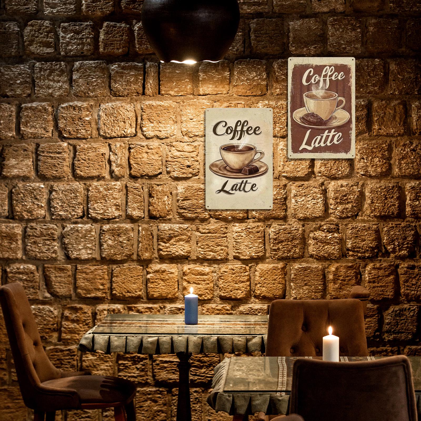 Vintage Coffee Latte Metal Sign, Cafe Kitchen Decor