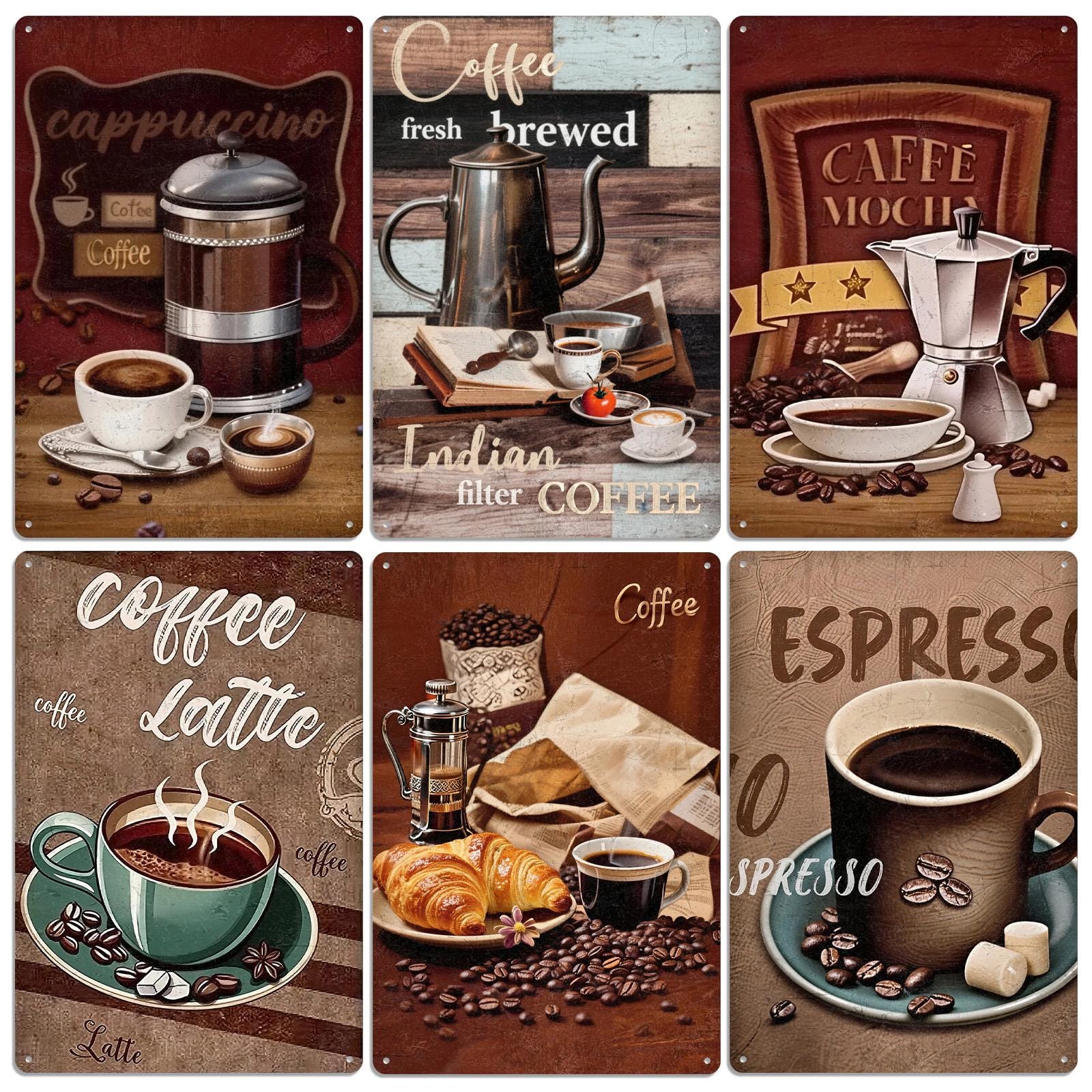 Vintage Coffee Art Metal Sign, Cappuccino, Latte, Espresso Print