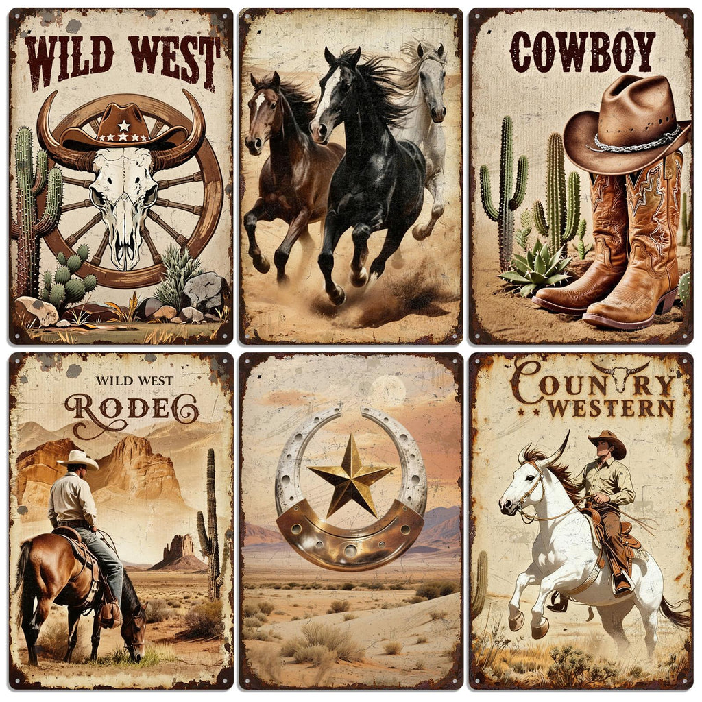 Plaque métallique rétro western | Impression cowboy, cheval, cactus