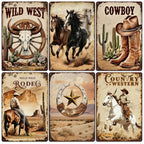 Plaque métallique rétro western | Impression cowboy, cheval, cactus