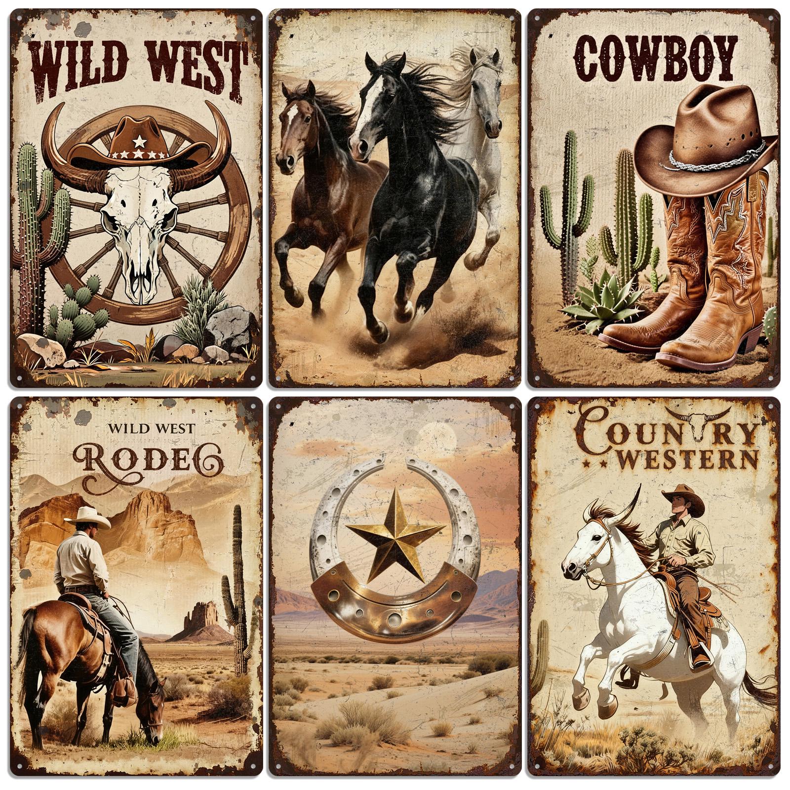 Retro Western Metal Sign: Cowboy, Horse, Cactus Print