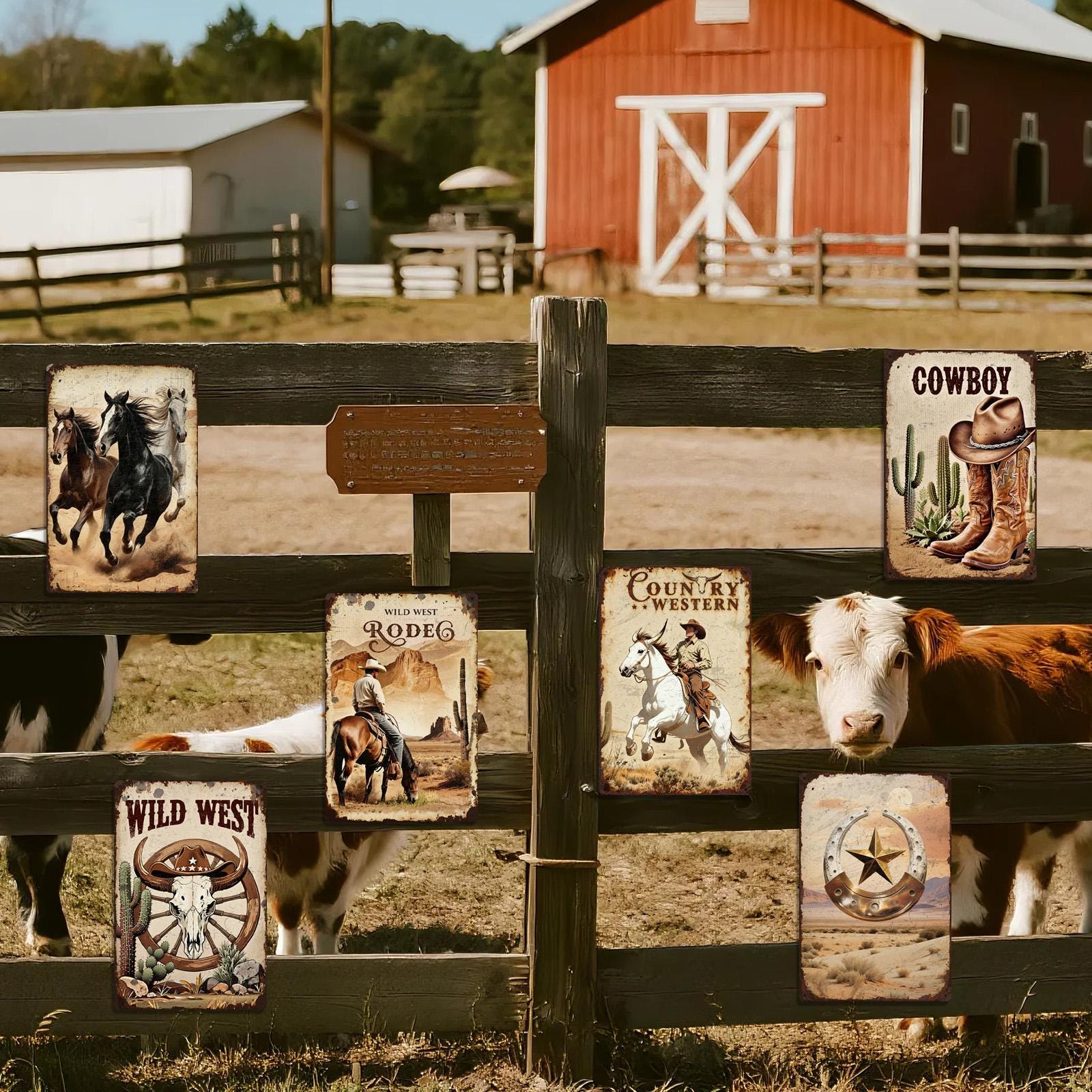 Retro Western Metal Sign: Cowboy, Horse, Cactus Print