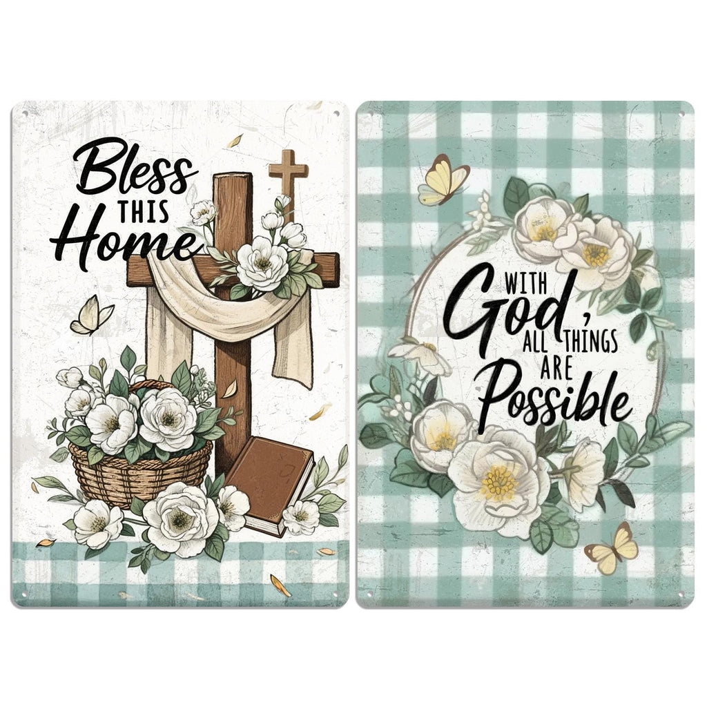 Christian Home Decor Metal Sign Set, Green Checkered Floral Art