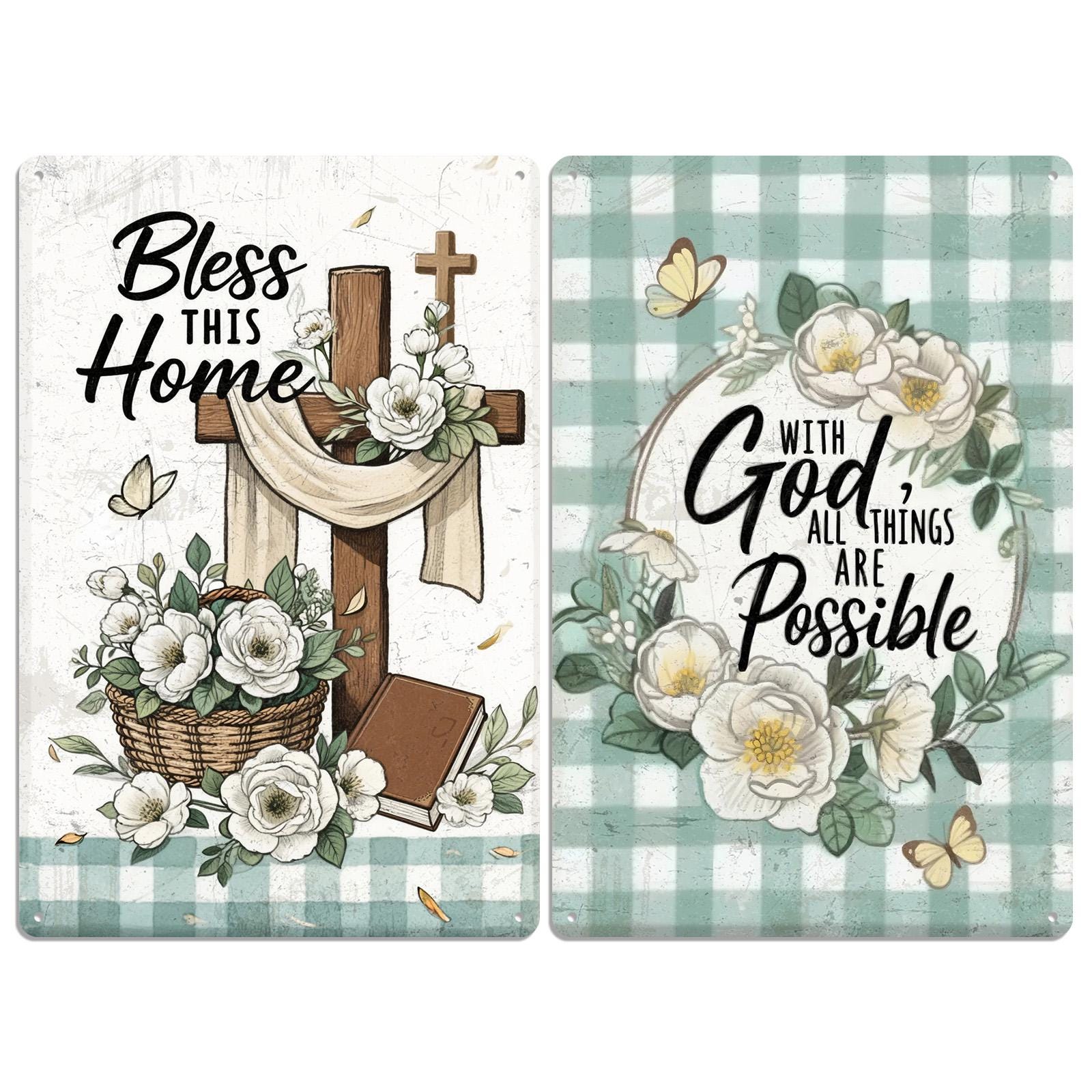 Christian Home Decor Metal Sign Set, Green Checkered Floral Art
