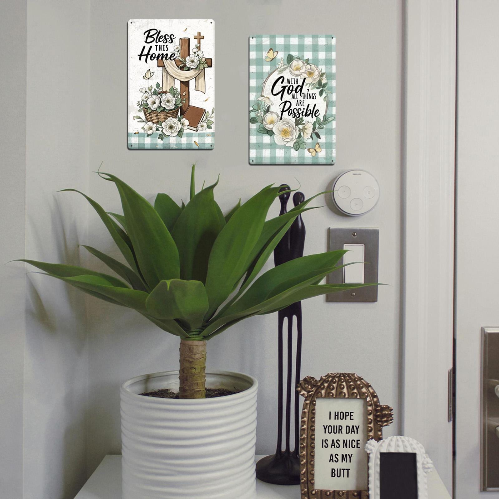 Christian Home Decor Metal Sign Set, Green Checkered Floral Art