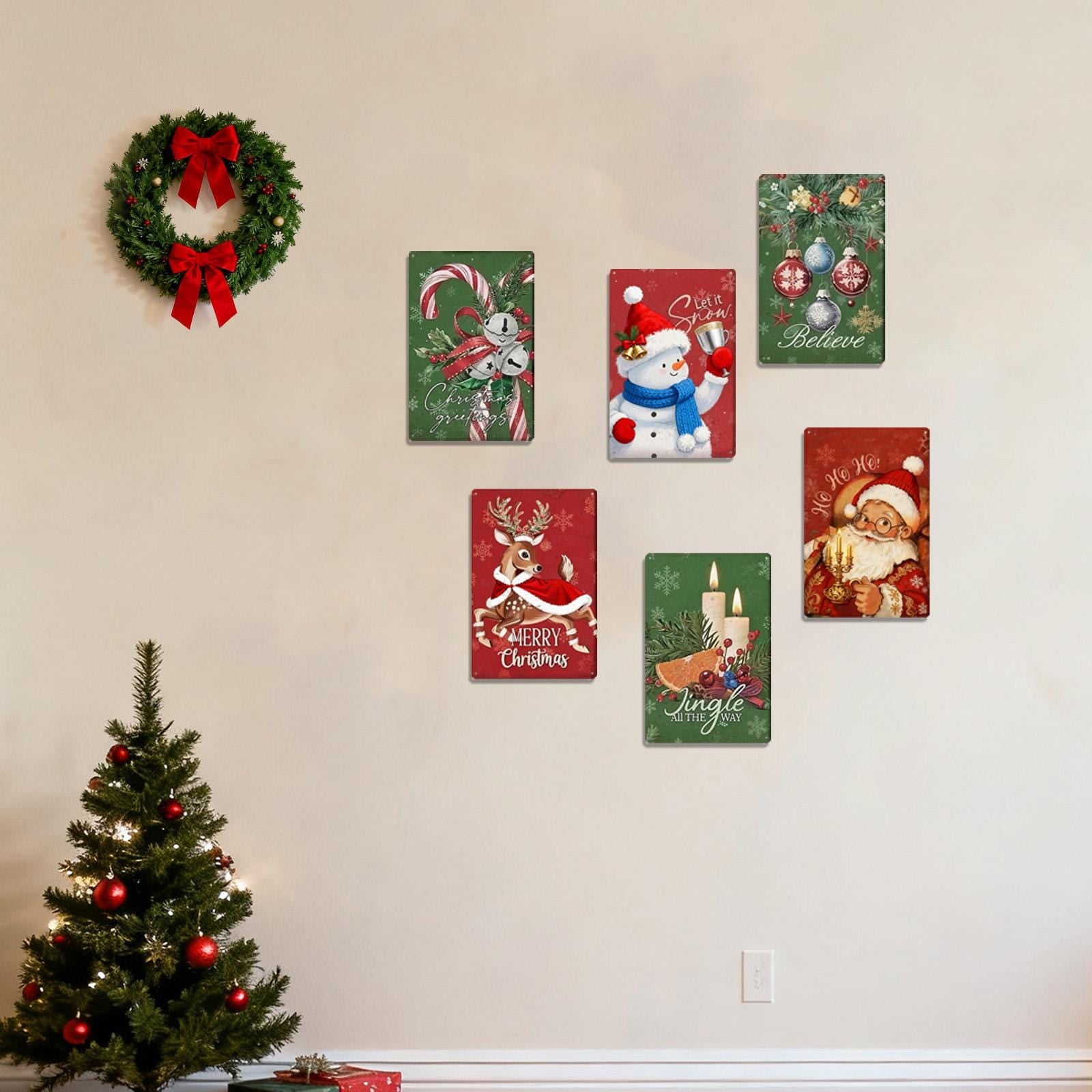 Vintage Christmas Metal Sign: Snowman, Santa, Reindeer Ornaments