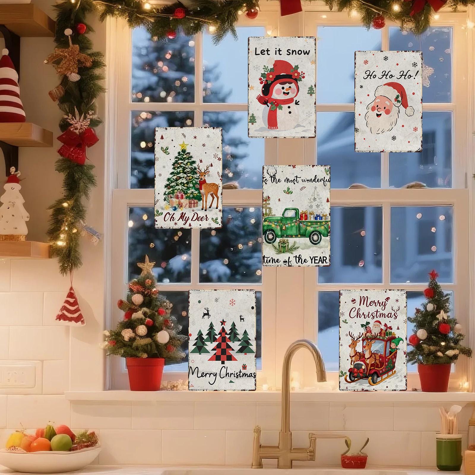 Festive Christmas Tree, Santa, Truck Tin Sign Set