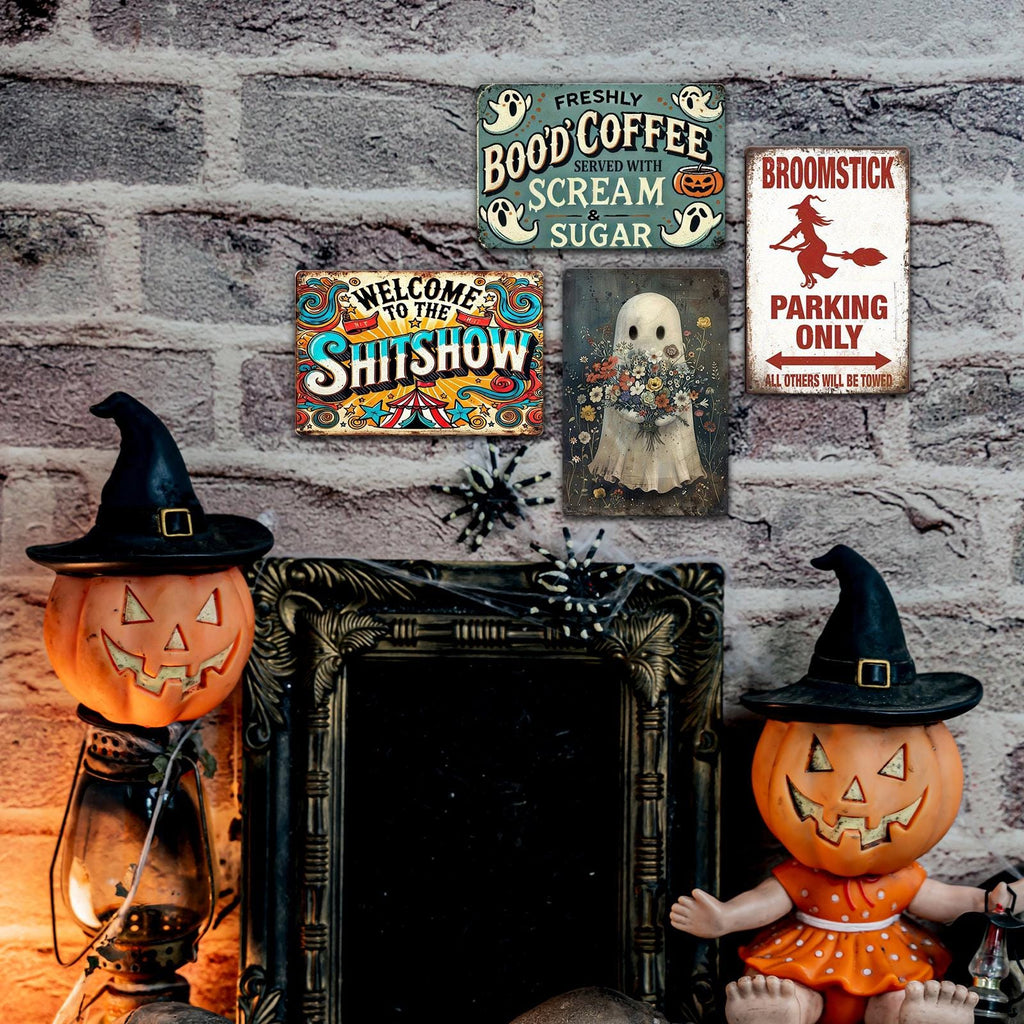 Lot d'enseignes métalliques rétro | Décoration murale amusante pour Halloween et le café