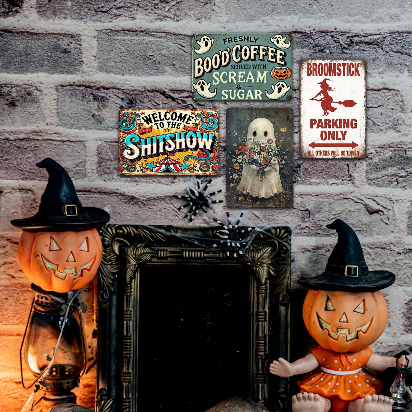 Retro Metal Sign Set: Funny Halloween & Coffee Wall Decor