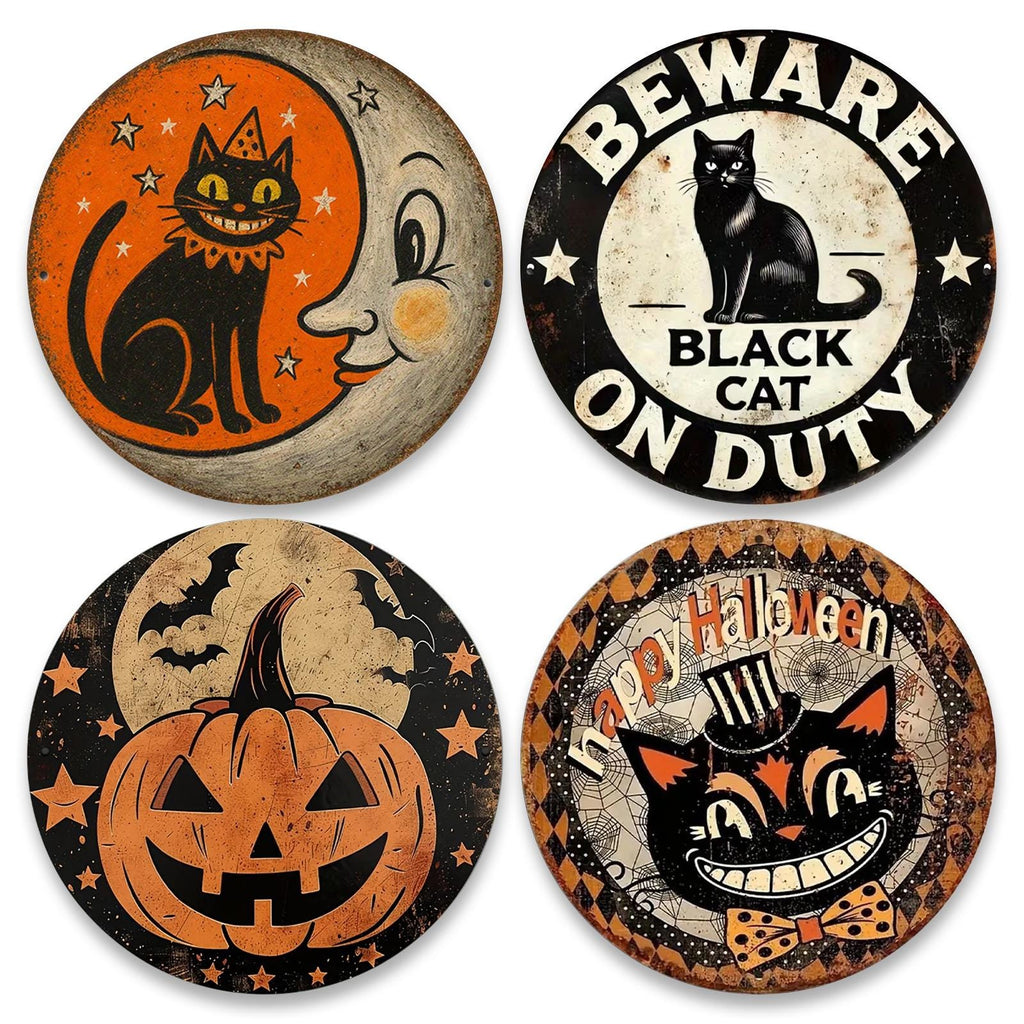 Halloween Metal Sign Set: Black Cat, Pumpkin, Moon (8x8 Inch)