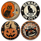 Halloween Metallschild-Set | Schwarze Katze, Kürbis, Mond (20x20 cm)