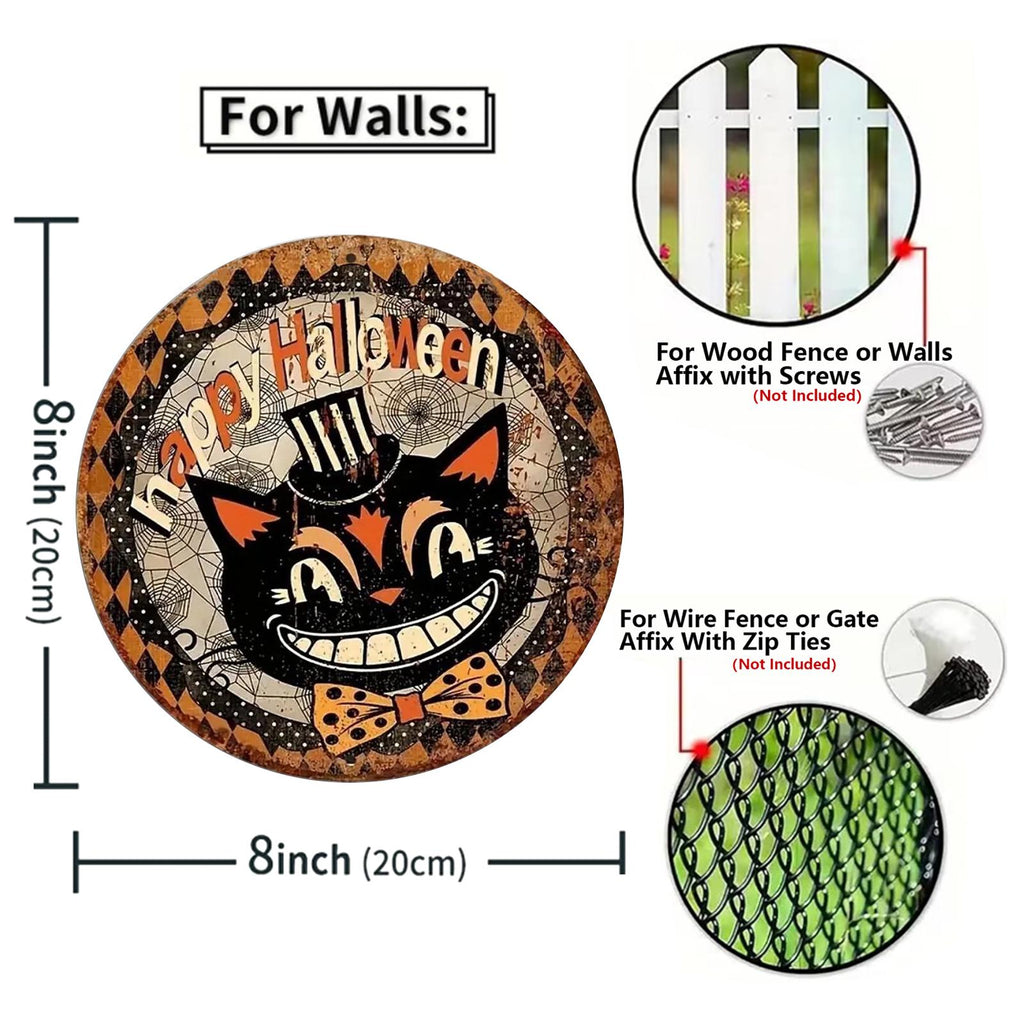 Halloween Metal Sign Set: Black Cat, Pumpkin, Moon (8x8 Inch)
