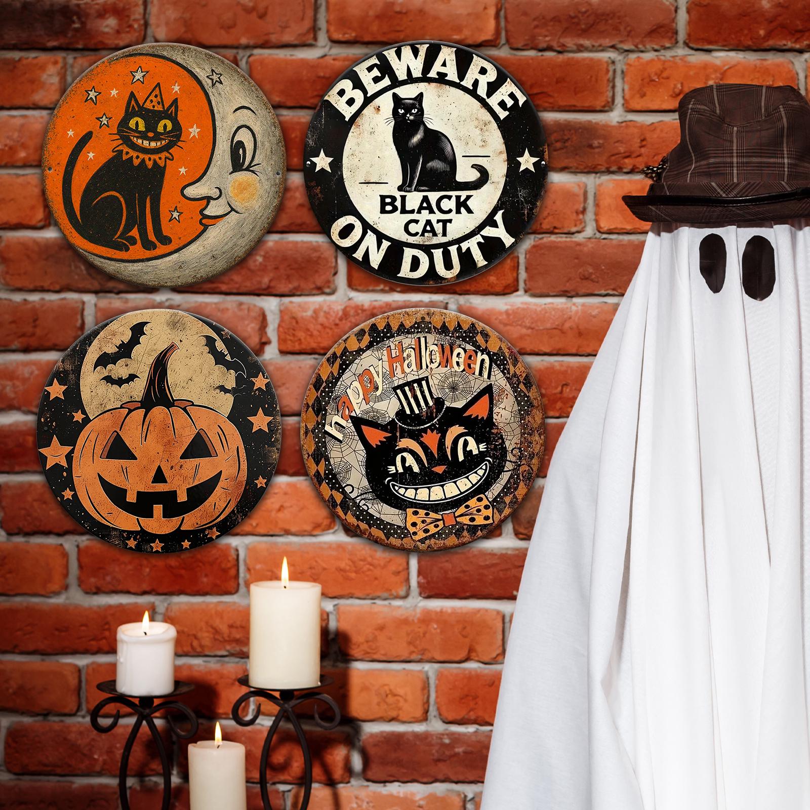 Halloween Metal Sign Set: Black Cat, Pumpkin, Moon (8x8 Inch)