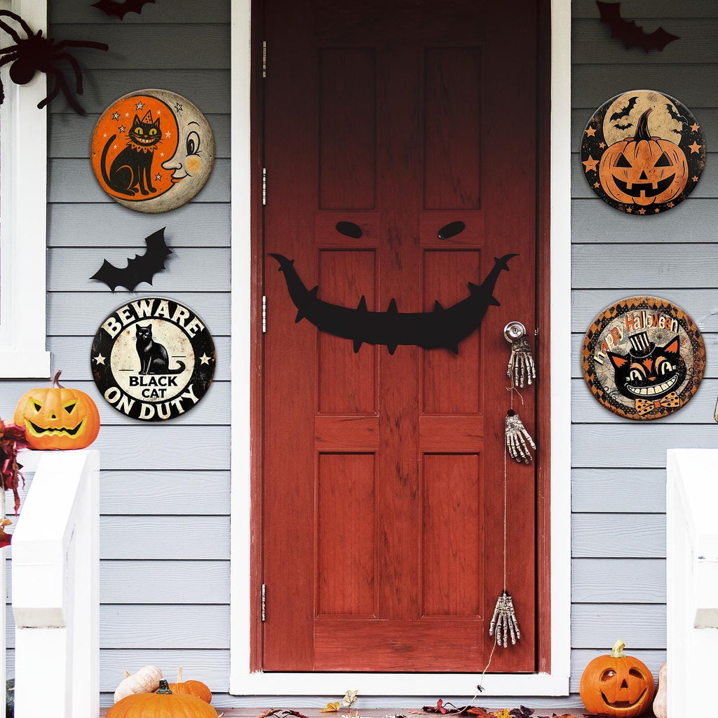 Halloween Metal Sign Set: Black Cat, Pumpkin, Moon (8x8 Inch)