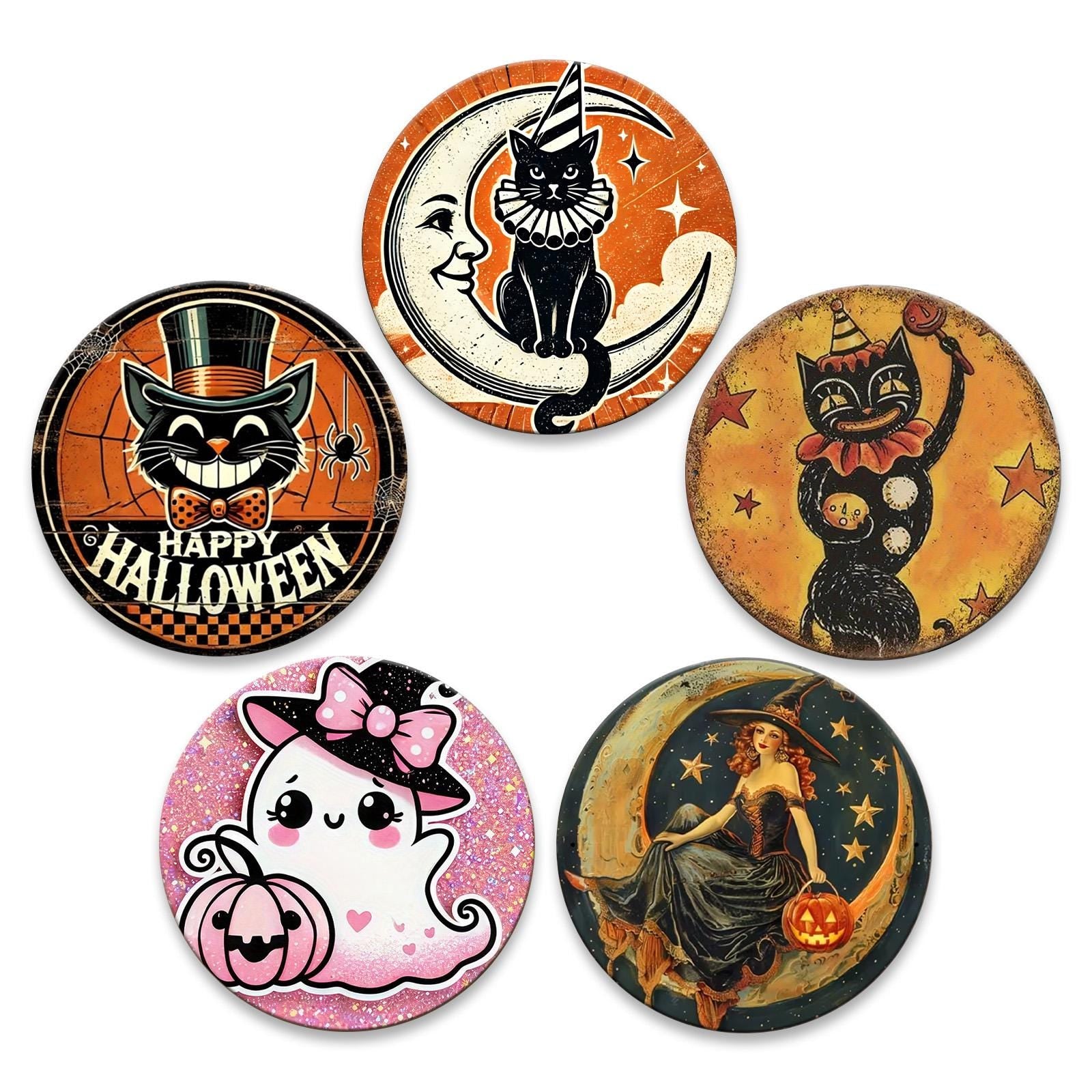 Halloween Cat & Witch Tin Coaster Set, Party Decor