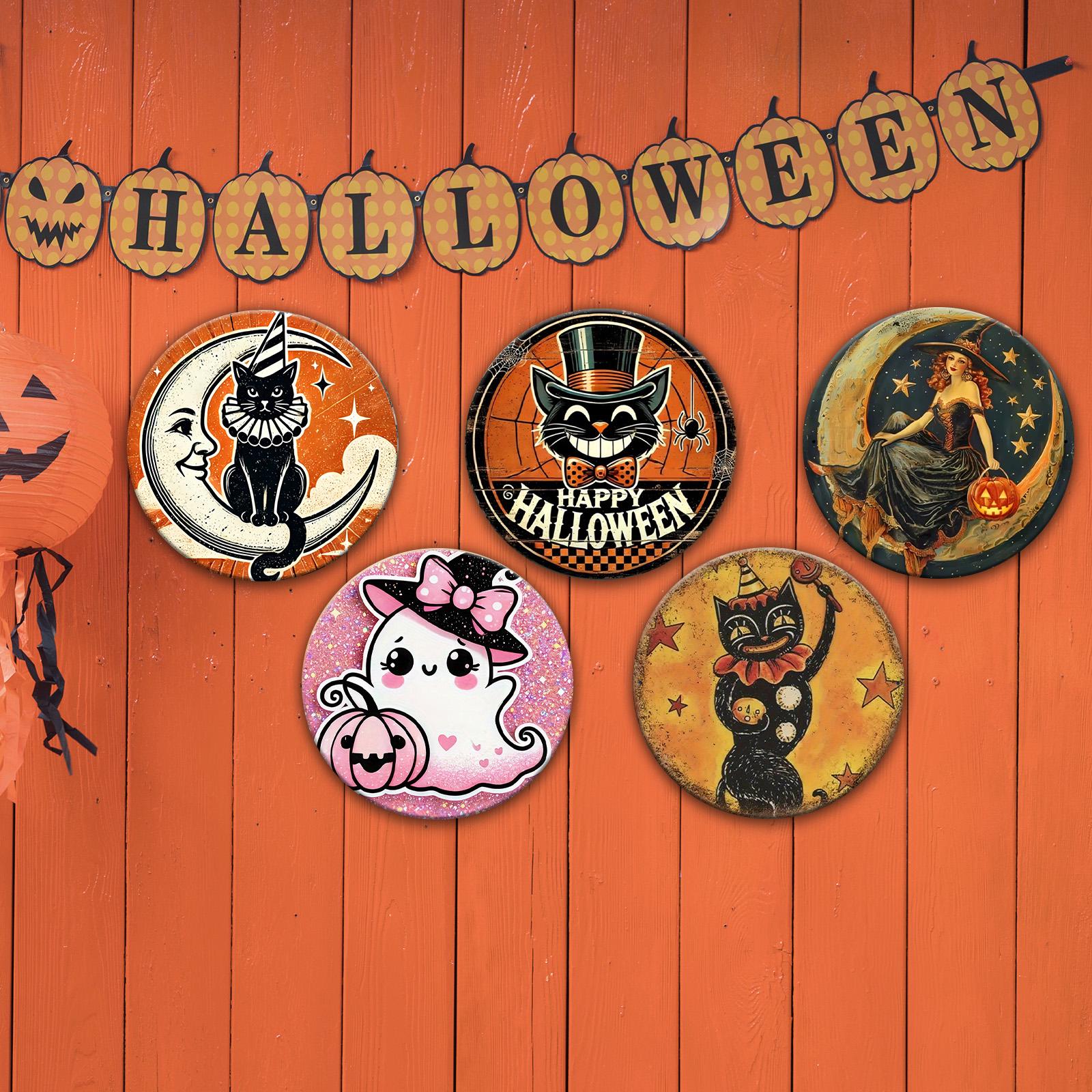 Halloween Cat & Witch Tin Coaster Set, Party Decor