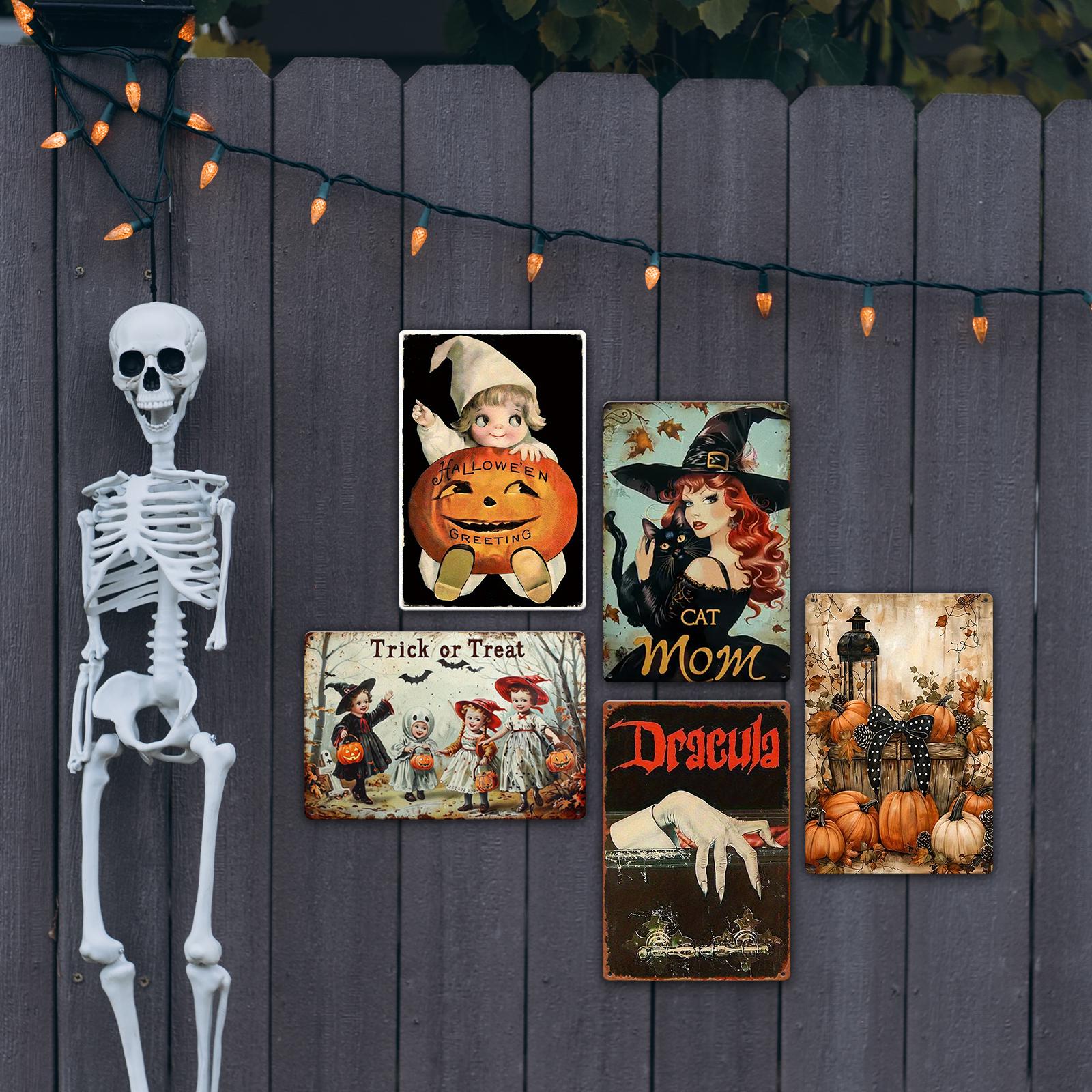 Halloween Metal Sign Set, Vintage Witch Cat Pumpkin Decor