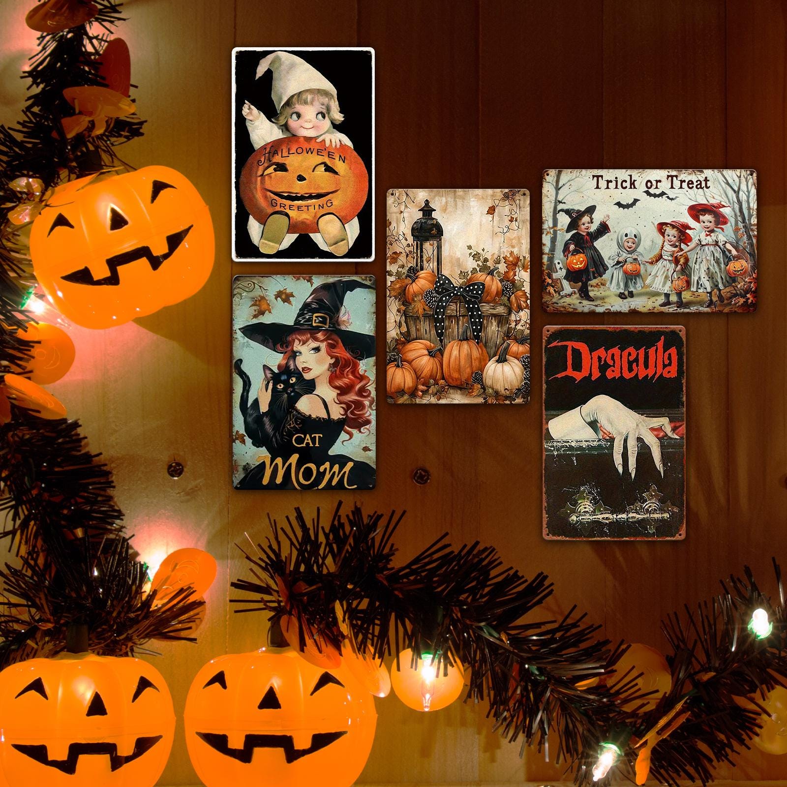 Halloween Metal Sign Set, Vintage Witch Cat Pumpkin Decor