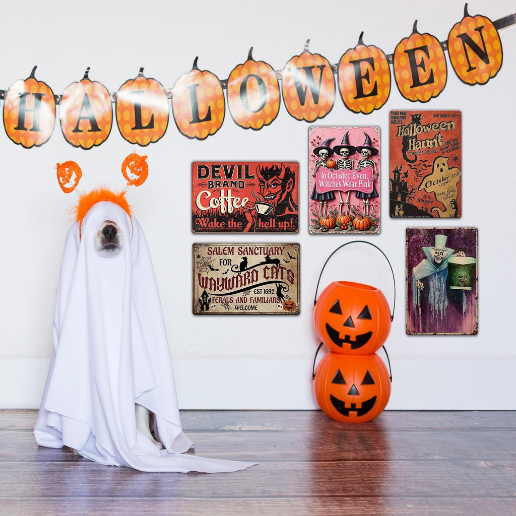 Vintage Halloween Metal Sign: Spooky Characters, Devil, Witch