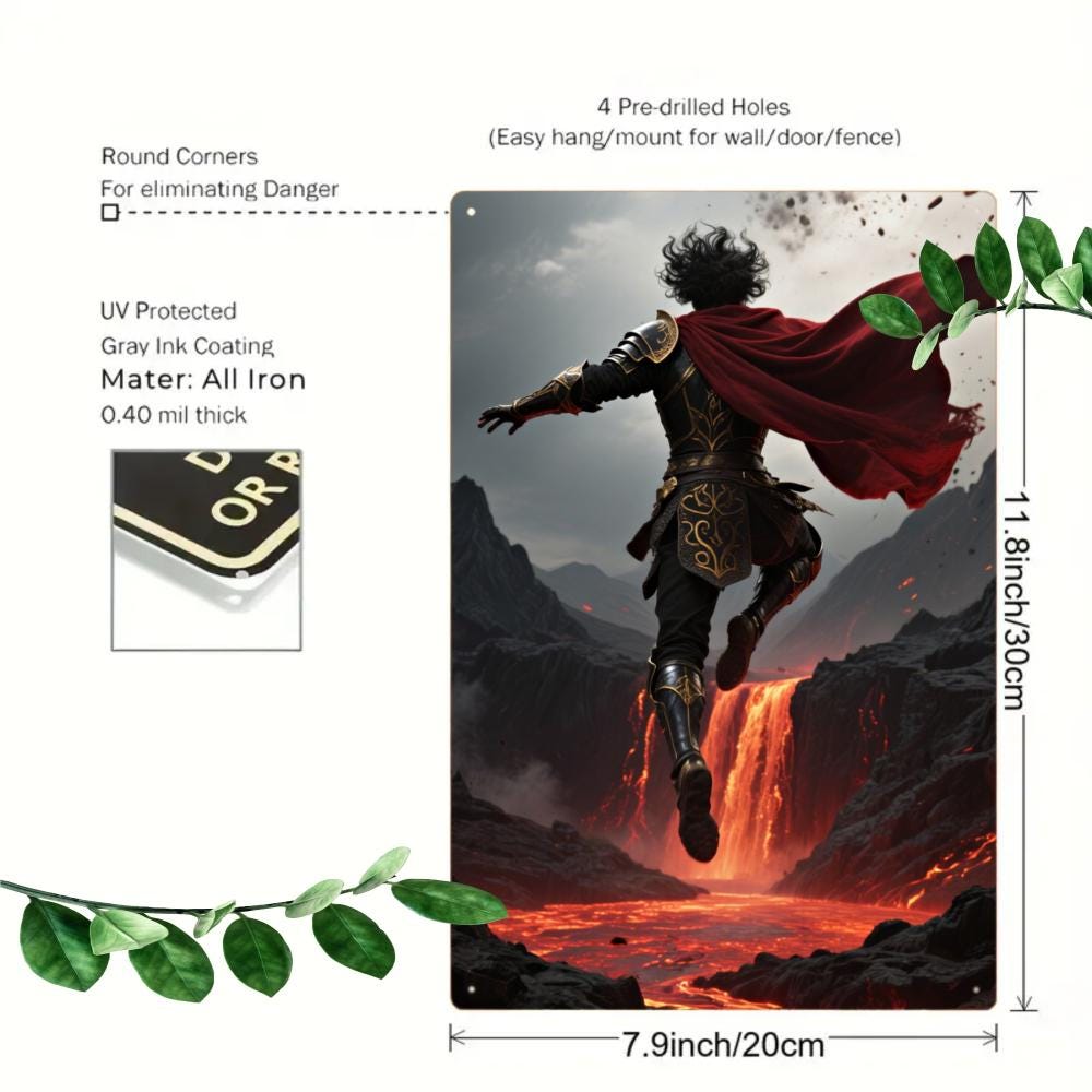 Epic Fantasy Warrior Tin Sign, Volcano Scene Art Print, Game Room Decor