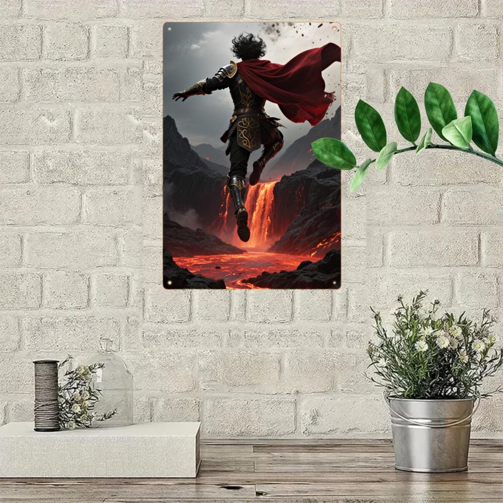 Epic Fantasy Warrior Tin Sign, Volcano Scene Art Print, Game Room Decor