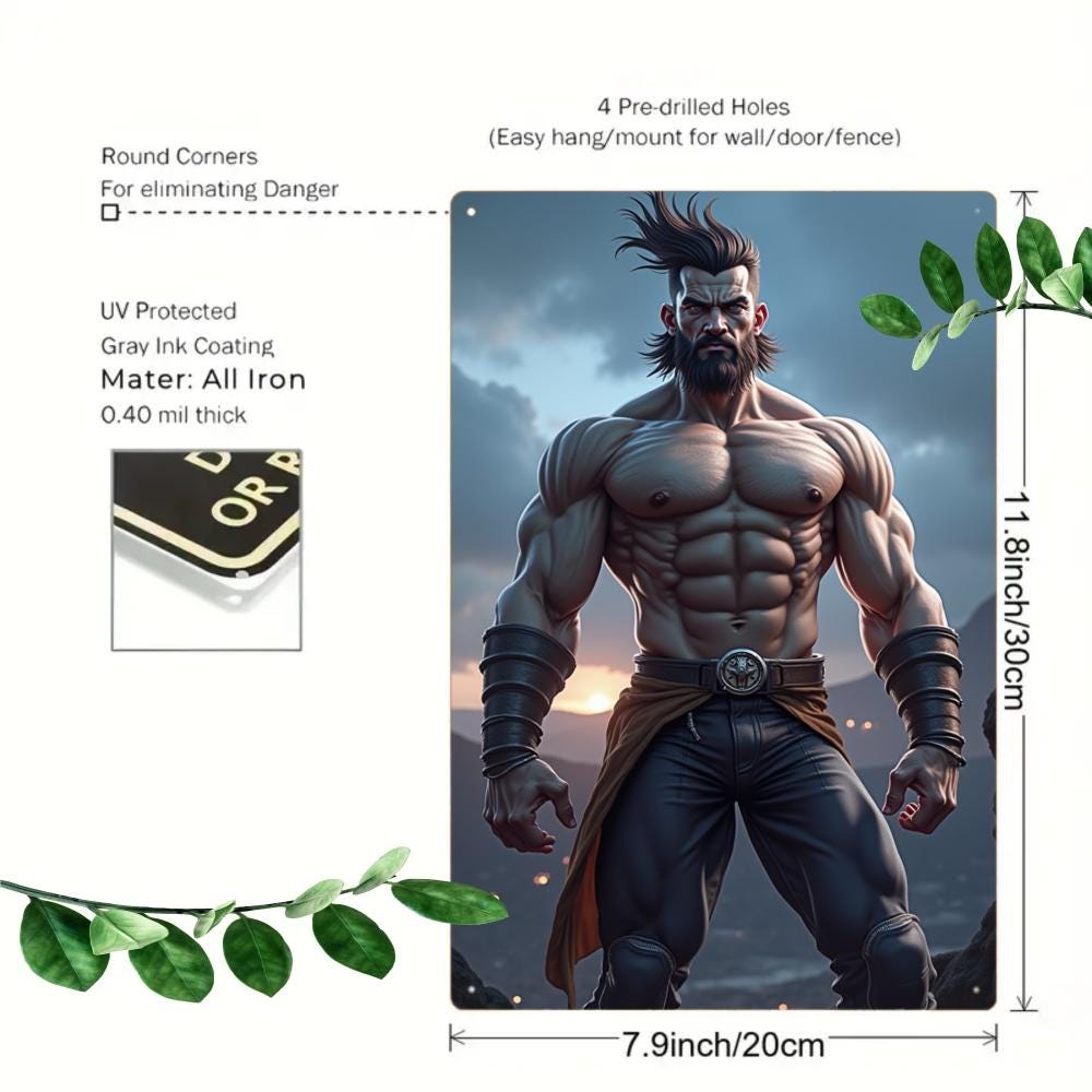 Muscular Warrior Metal Tin Sign, Fantasy Game Room Decor