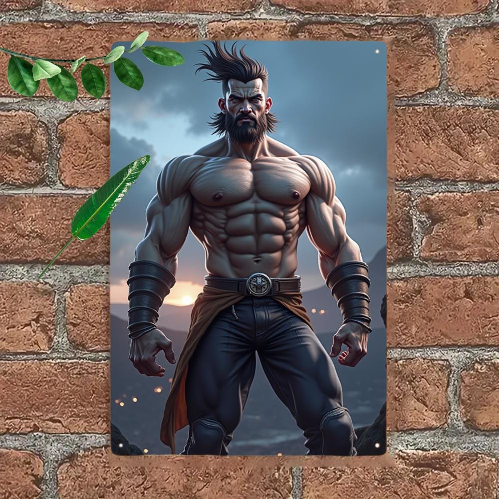 Muscular Warrior Metal Tin Sign, Fantasy Game Room Decor