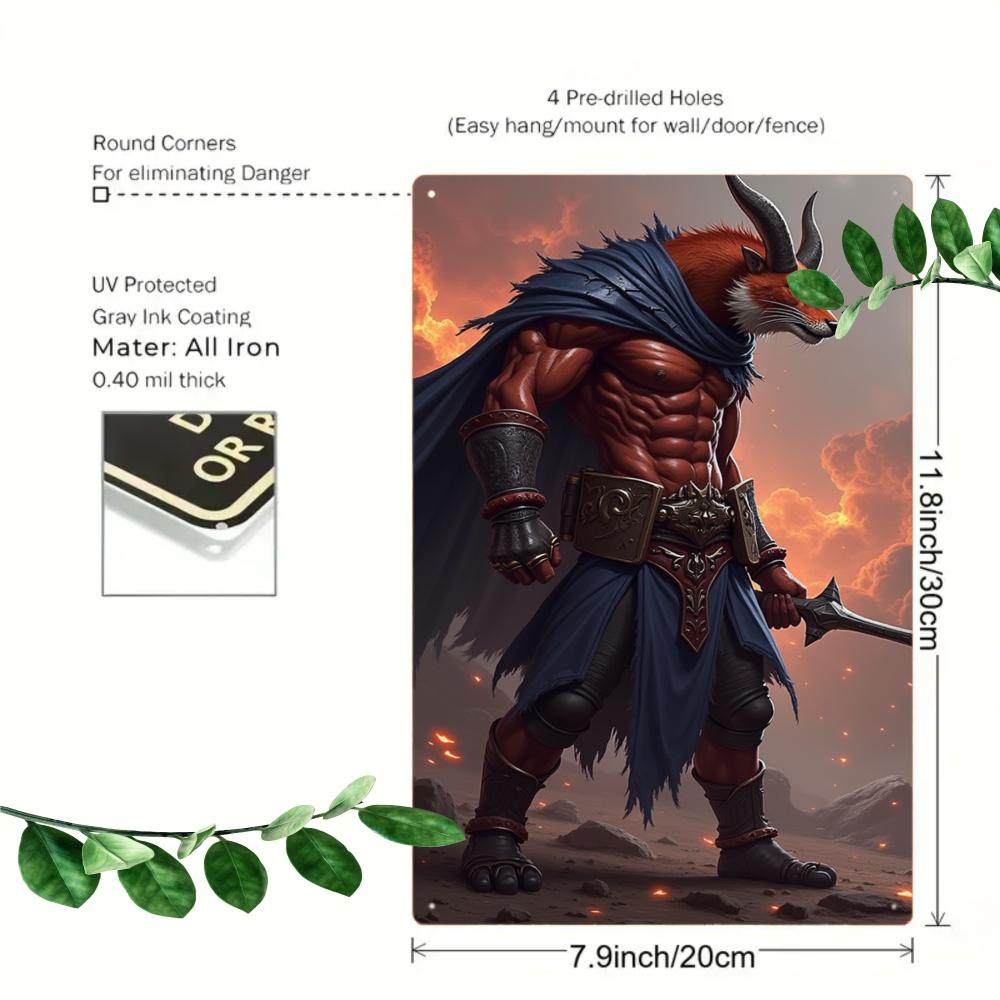 Muscular Fox Warrior Tin Sign, Fantasy Game Room Decor