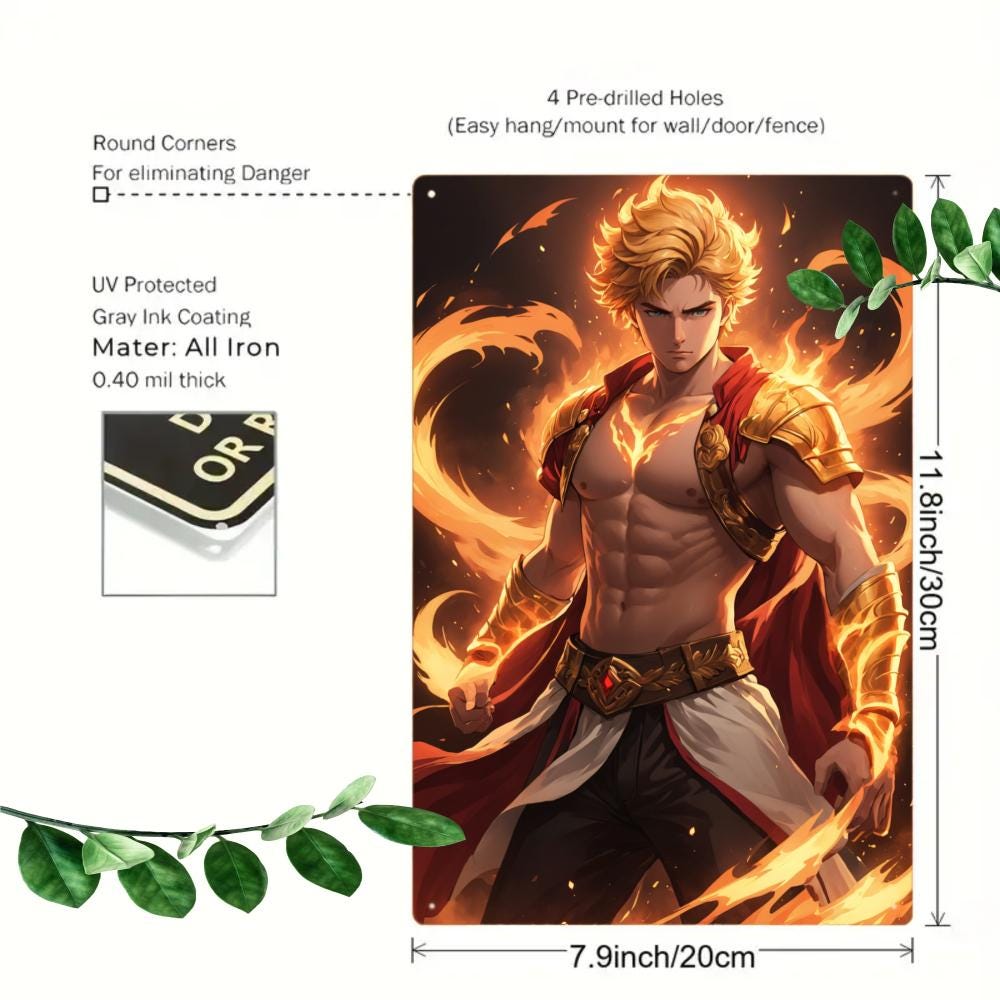 Muscular Warrior Metal Tin Sign, Golden Flame Art, Game Room Decor (8x12)