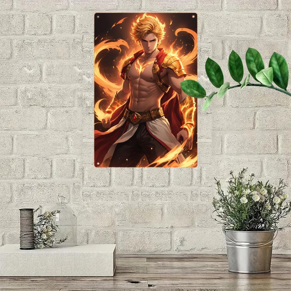 Muscular Warrior Metal Tin Sign, Golden Flame Art, Game Room Decor (8x12)