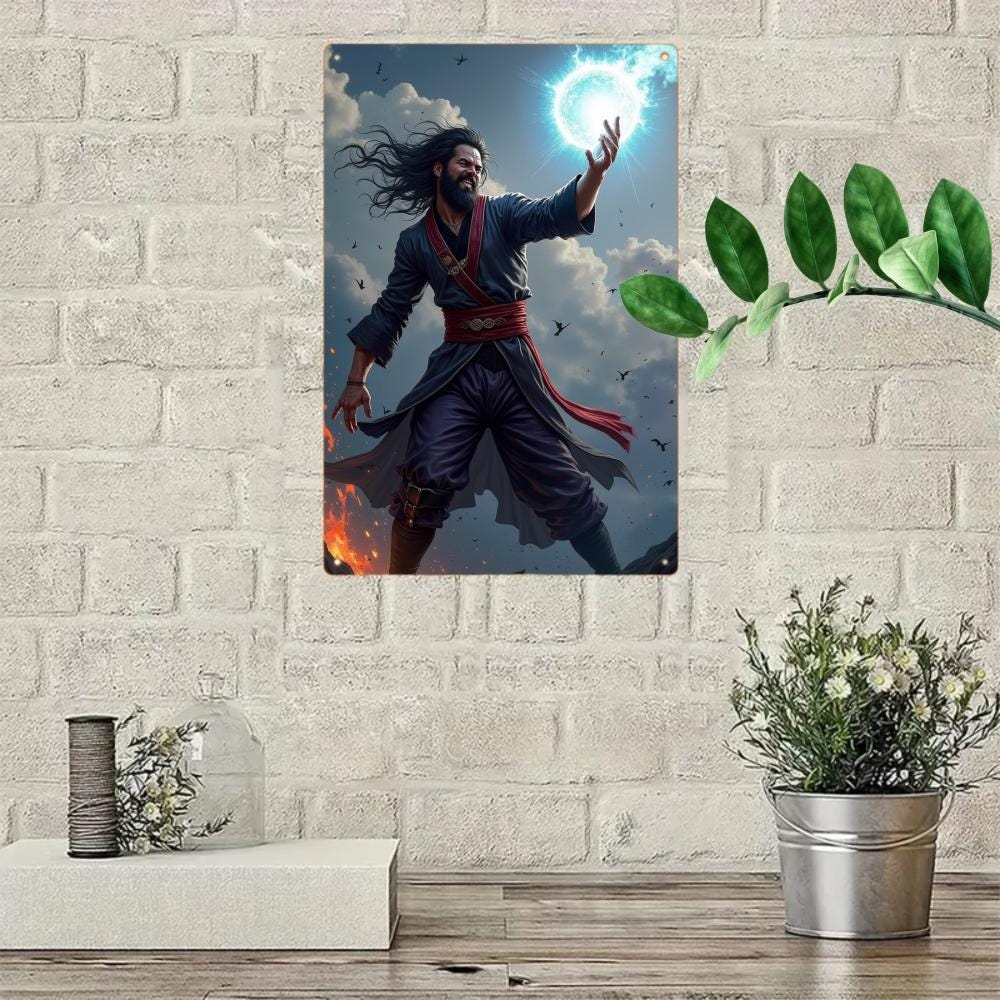 Anime Style Warrior Tin Sign, Game Room Decor, Man Cave Art