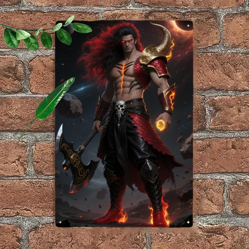 Epic Warrior Metal Sign, Fiery Skull Axe Art, Game Room Decor