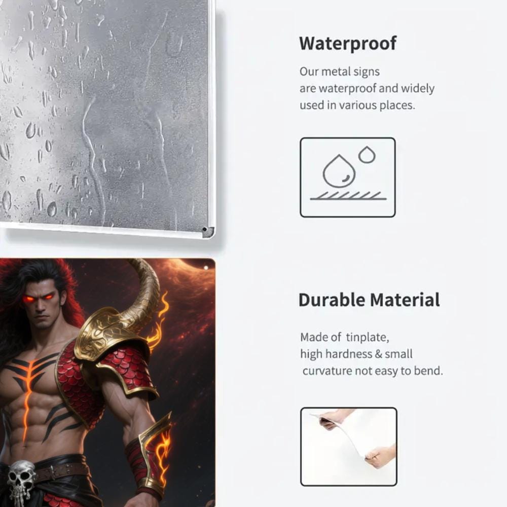 Epic Warrior Metal Sign, Fiery Skull Axe Art, Game Room Decor