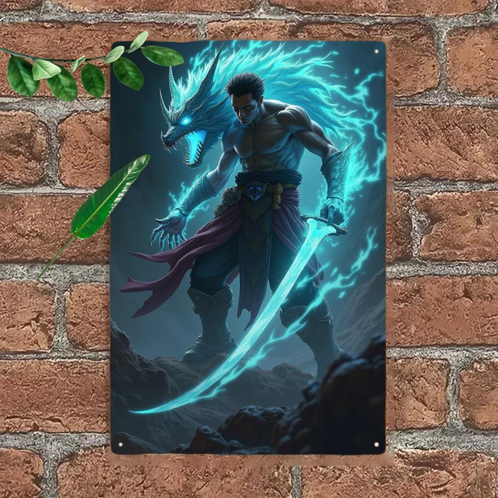 Dragon Warrior Metal Tin Sign, Game Room Decor (8x12 Inches)