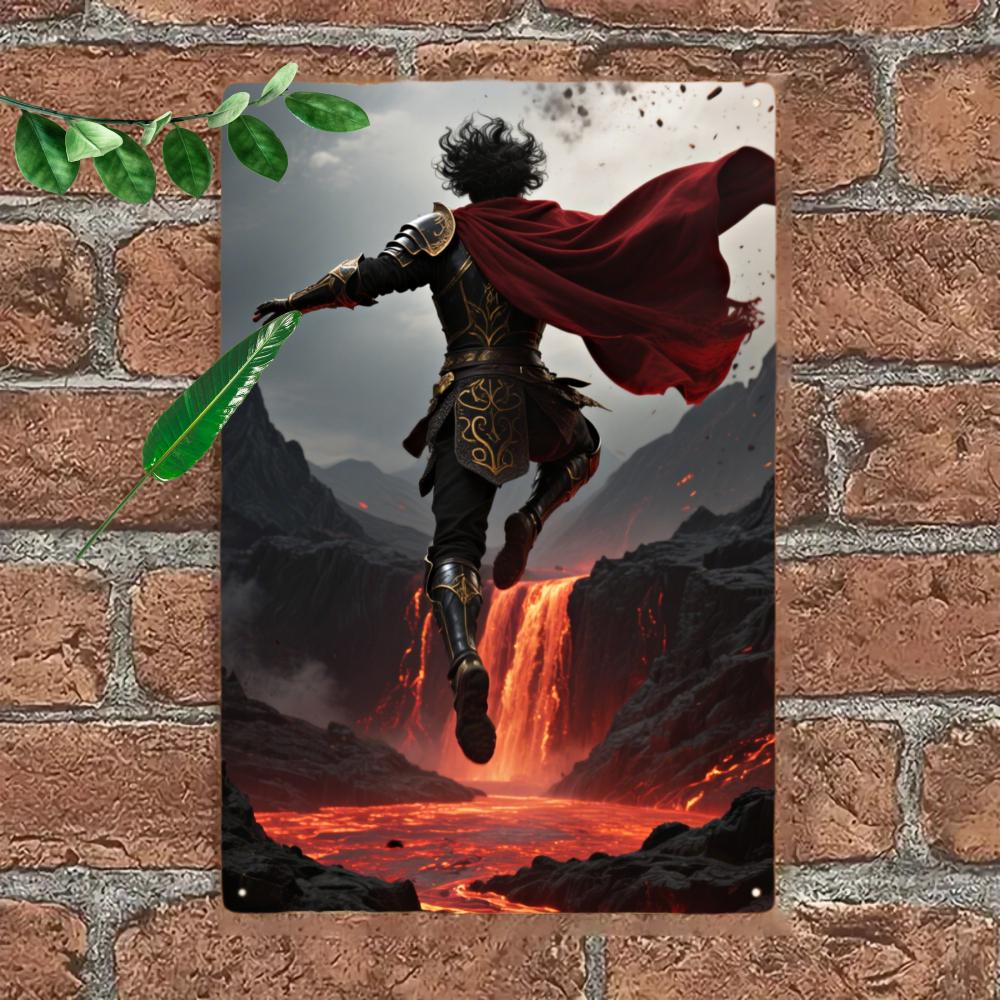 Epic Fantasy Warrior Tin Sign, Volcano Scene Art Print, Game Room Decor