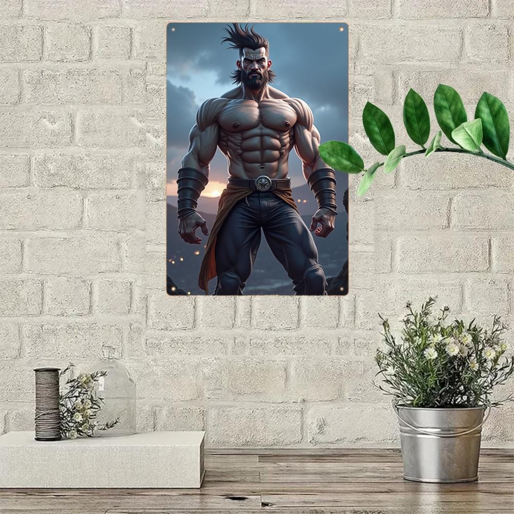 Muscular Warrior Metal Tin Sign, Fantasy Game Room Decor