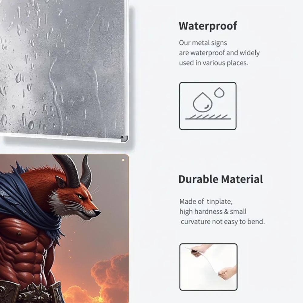 Muscular Fox Warrior Tin Sign, Fantasy Game Room Decor