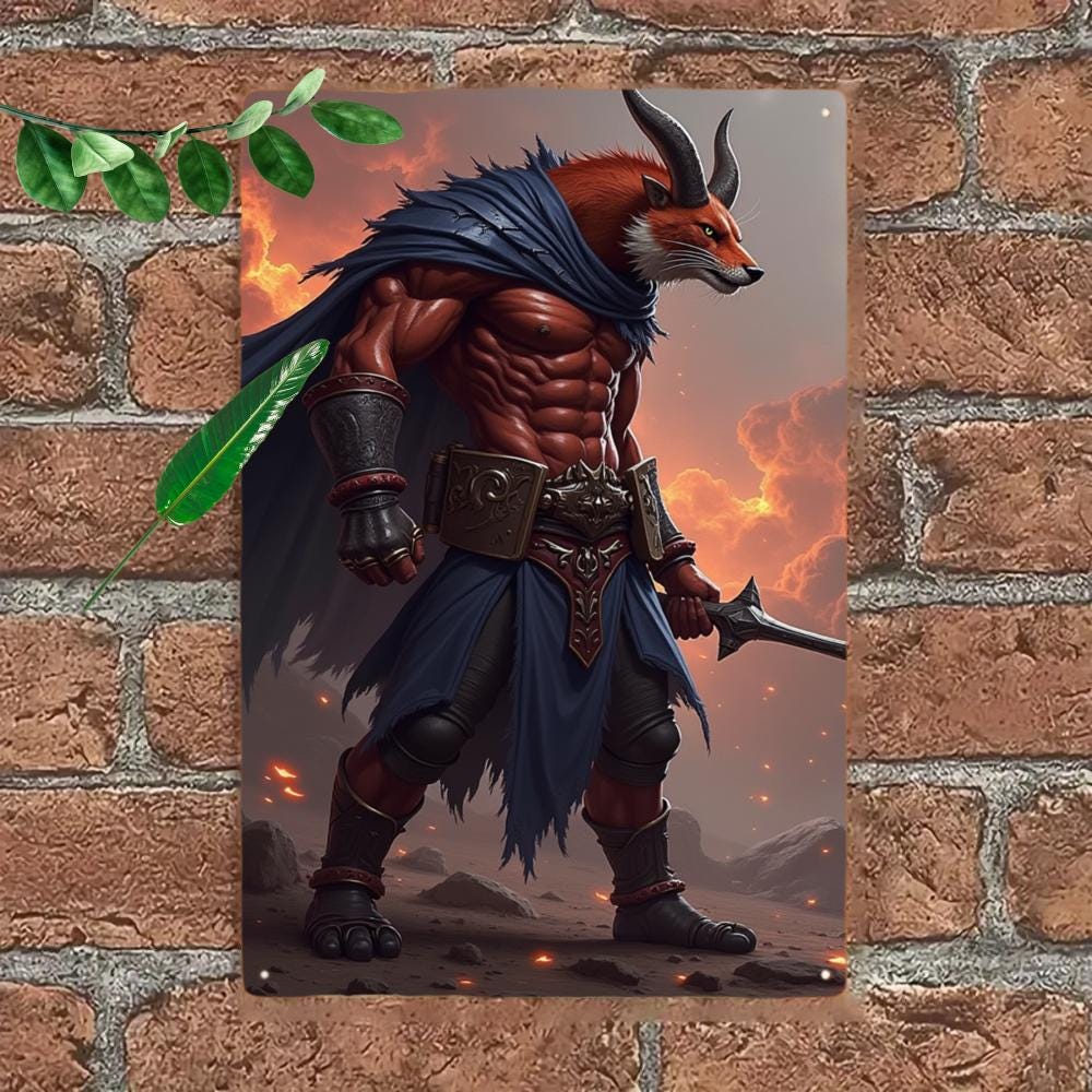 Muscular Fox Warrior Tin Sign, Fantasy Game Room Decor