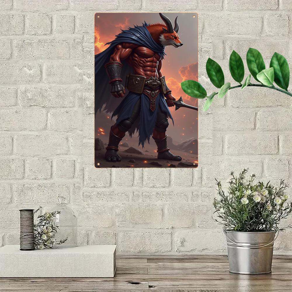 Muscular Fox Warrior Tin Sign, Fantasy Game Room Decor