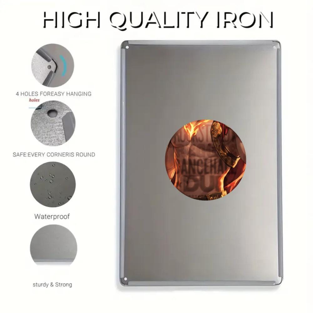 Muscular Warrior Metal Tin Sign, Golden Flame Art, Game Room Decor (8x12)