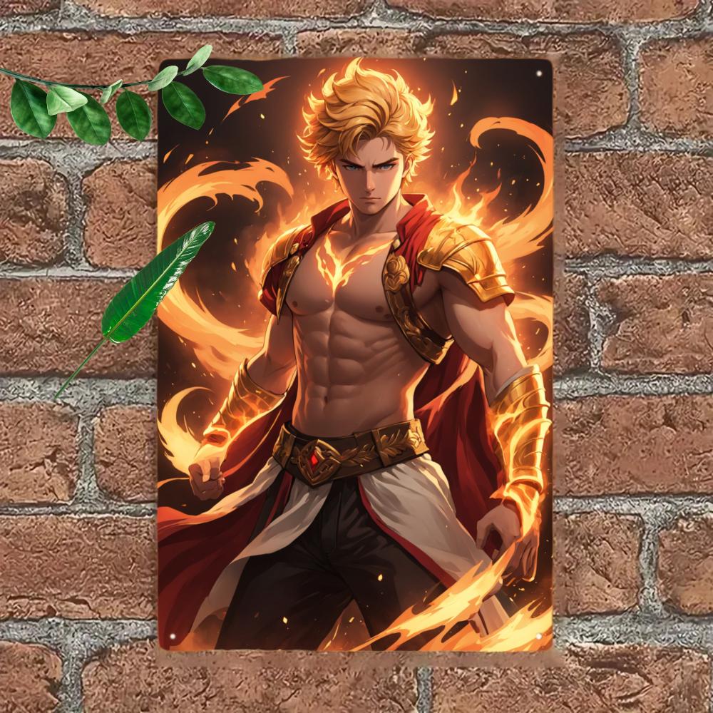 Muscular Warrior Metal Tin Sign, Golden Flame Art, Game Room Decor (8x12)