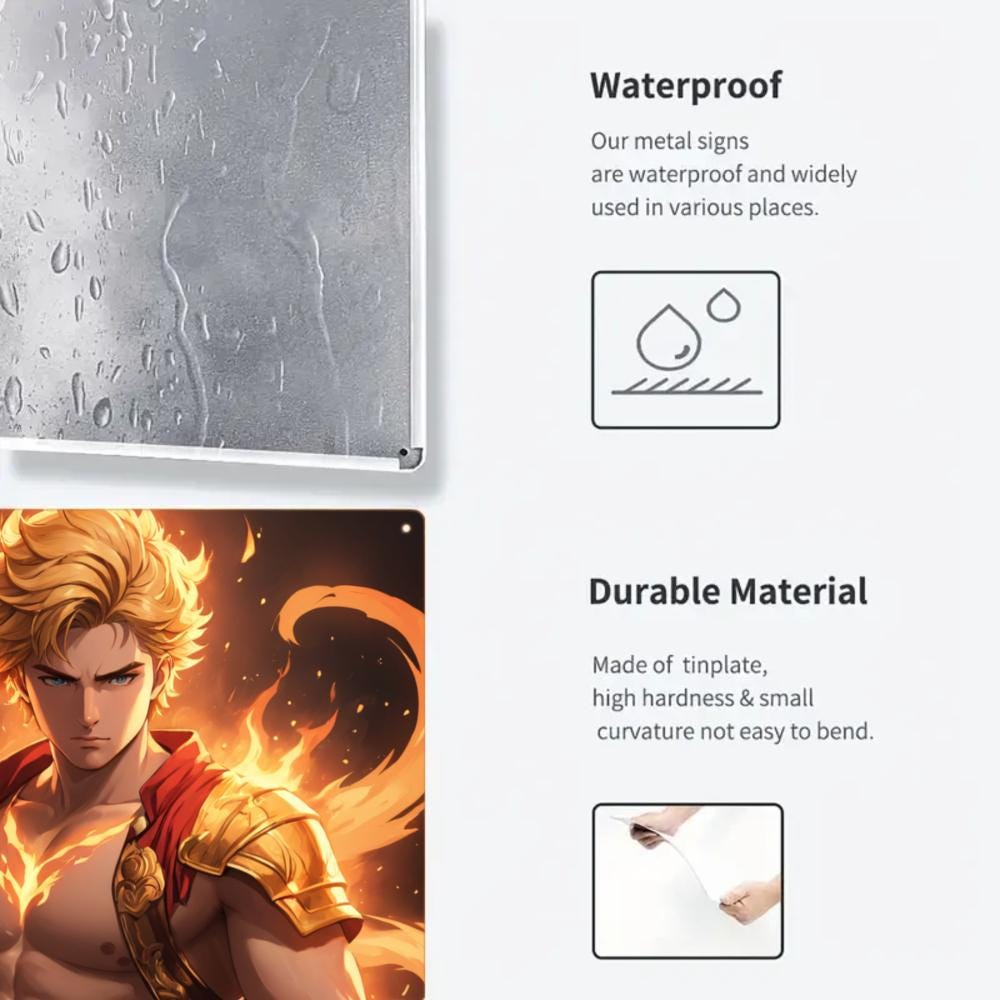 Muscular Warrior Metal Tin Sign, Golden Flame Art, Game Room Decor (8x12)