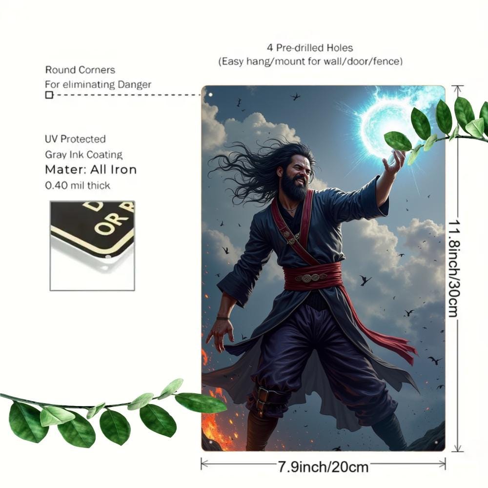 Anime Style Warrior Tin Sign, Game Room Decor, Man Cave Art