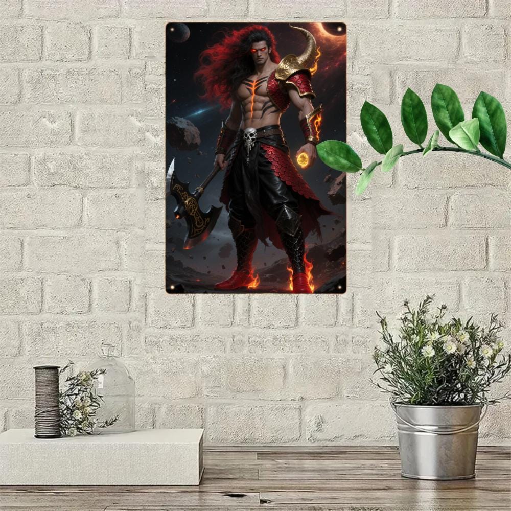 Epic Warrior Metal Sign, Fiery Skull Axe Art, Game Room Decor