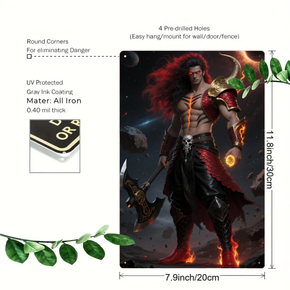 Epic Warrior Metal Sign, Fiery Skull Axe Art, Game Room Decor