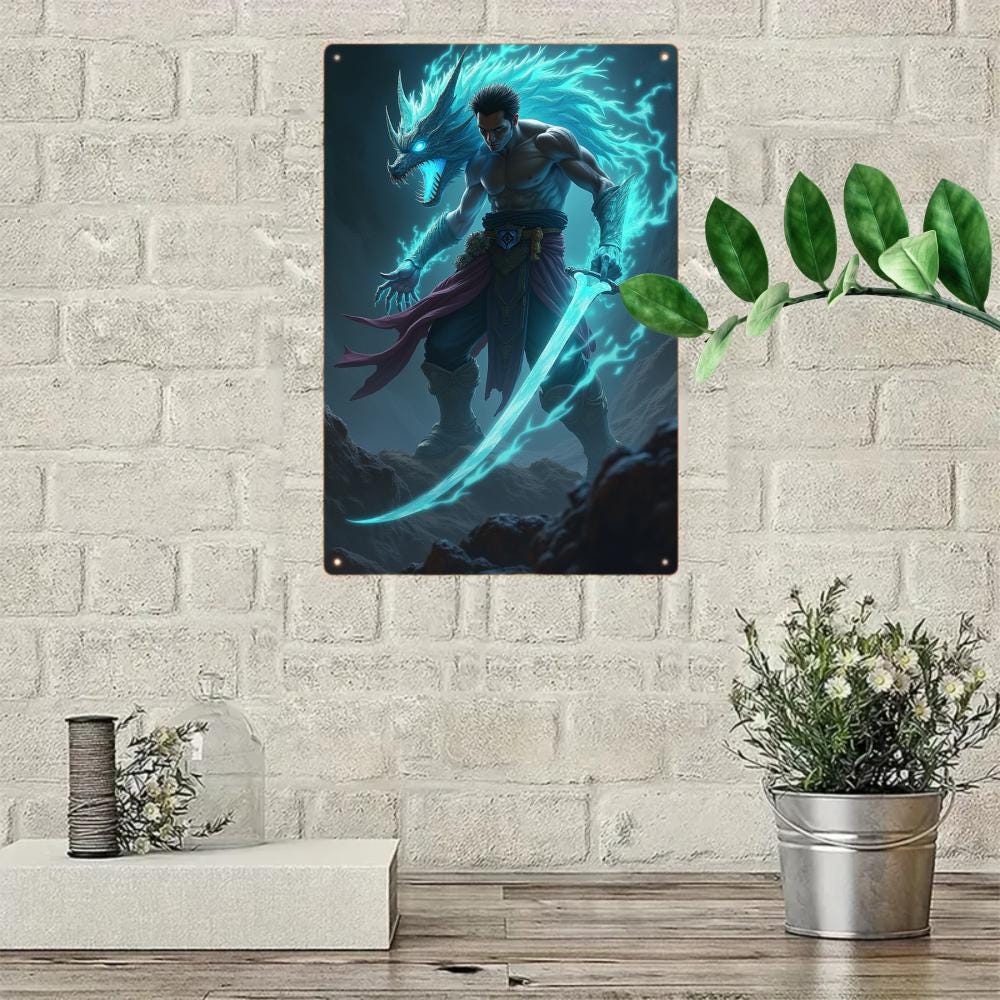 Dragon Warrior Metal Tin Sign, Game Room Decor (8x12 Inches)