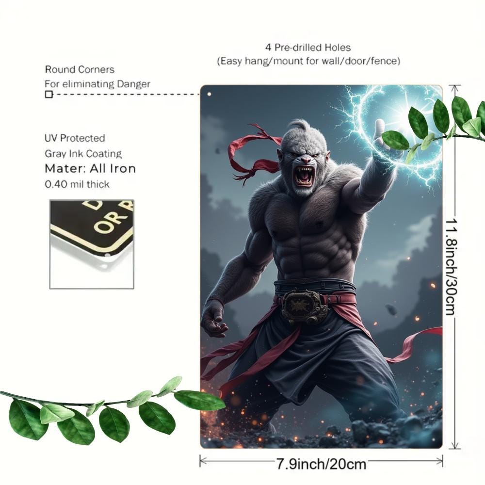 Mythical Warrior Tin Sign, Lightning Beast Art, Game Room Decor