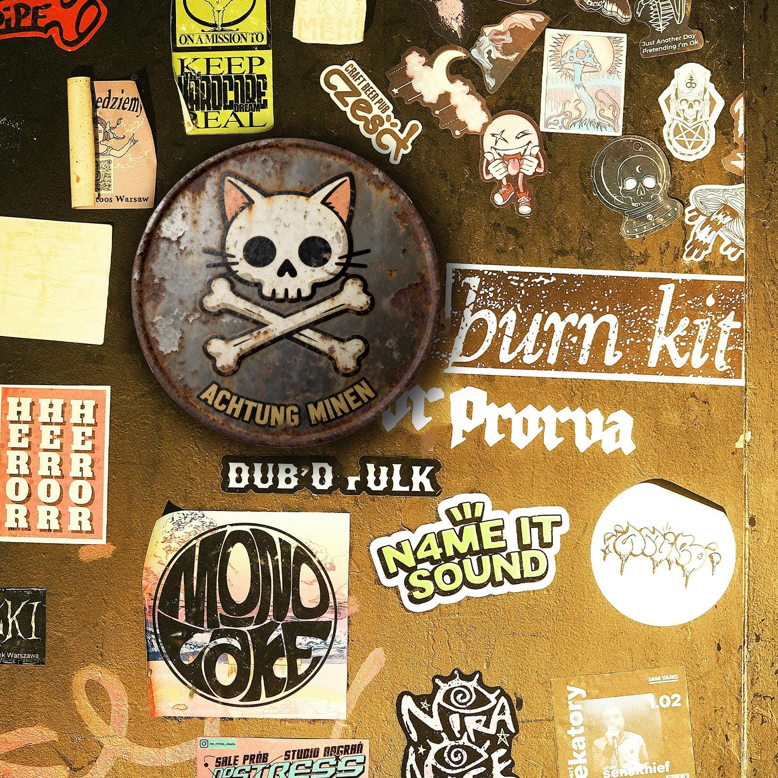 Rustic Metal Sign White Cat Skull and Crossbones Achtung Minen Warning Sign for Home Decor Outdoor Wall Art Vintage Style