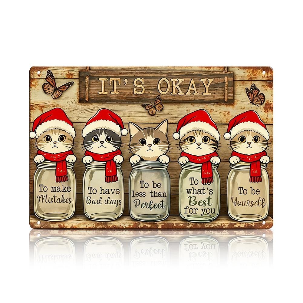 Christmas Cat Mason Jar Wall Sign Rustic Wood Color With Santa Cats And Inspirational Quotes For Home Holiday Decor